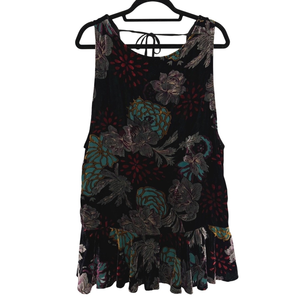 Free People Burnout Velvet Floral Tunic Top Black V-Back Ruffle Hem Medium